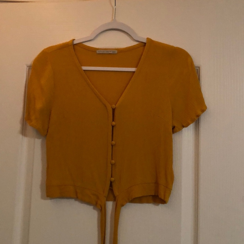 Yellow button up crop top with front tie